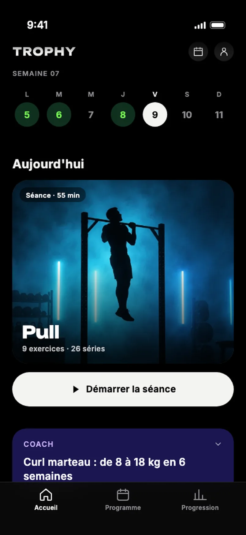 Accueil : la semaine, la séance du jour et le mot du coach